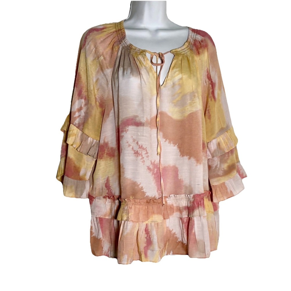 Boho Sharagano Tie Dye Flowy Blouse Ruffle Tiered Peasant Top Pink Yellow XL